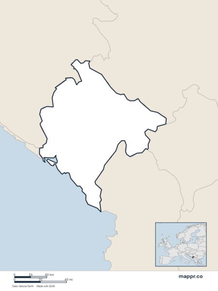 Blank political map of Montenegro showing its international borders without labels.