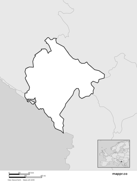 Blank political map of Montenegro showing its international borders without labels (black and white).