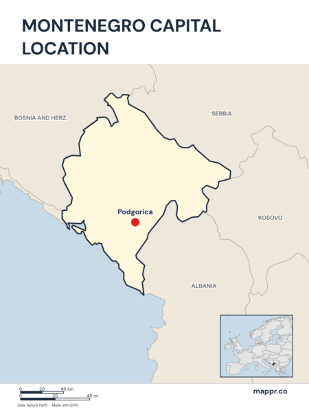 Detailed map pinpointing Podgorica, the capital of Montenegro.