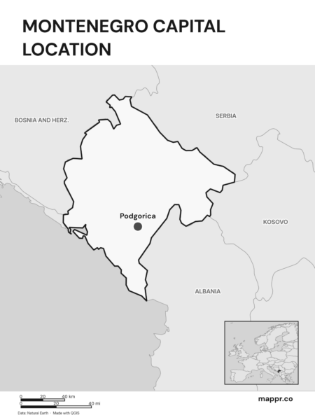 Detailed map pinpointing Podgorica, the capital of Montenegro (black and white).
