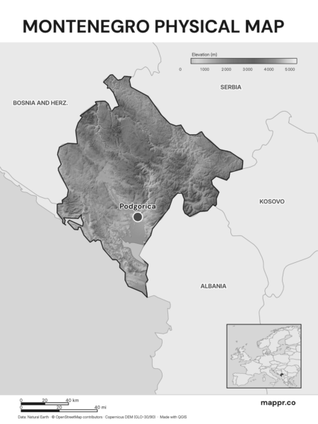 Map featuring Podgorica, the capital of Montenegro, with rich topographical detail (black and white).