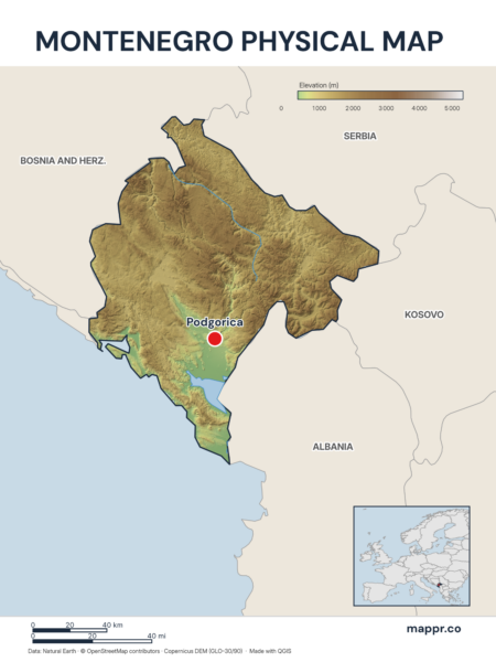 Map featuring Podgorica, the capital of Montenegro, with rich topographical detail.