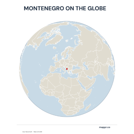 A map highlighting Montenegro's location on a globe, marked with a red outline.