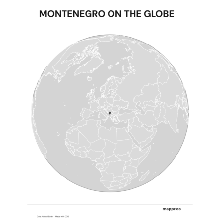 A map highlighting Montenegro's location on a globe, marked with a red outline (black and white).
