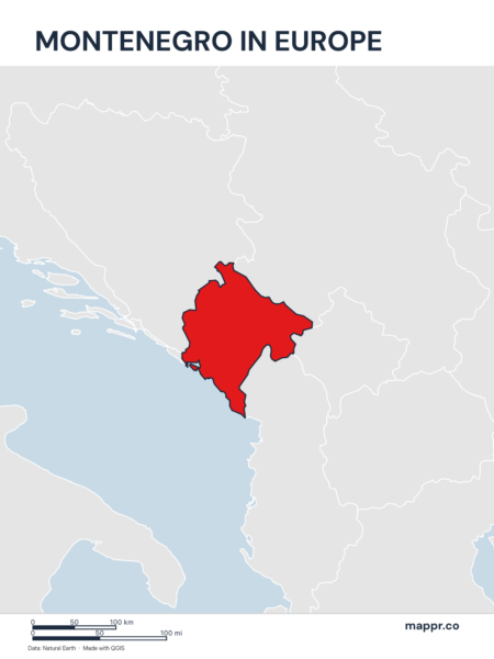 A map highlighting Montenegro's location on the european continent.
