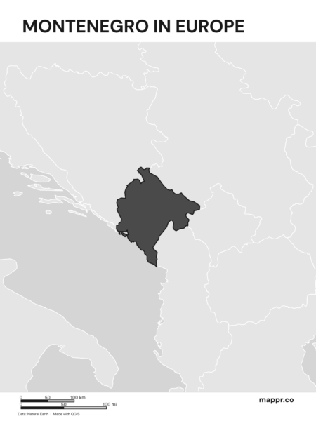 A map highlighting Montenegro's location on the european continent (black and white).