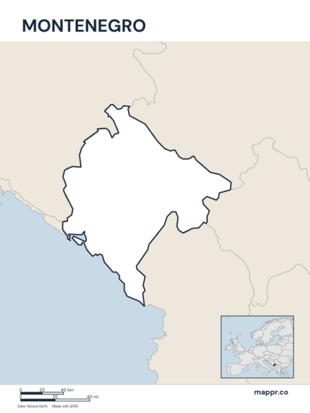 Outline map of Montenegro with detailed country borders.