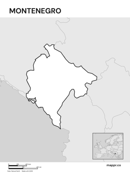 Outline map of Montenegro with detailed country borders (black and white).