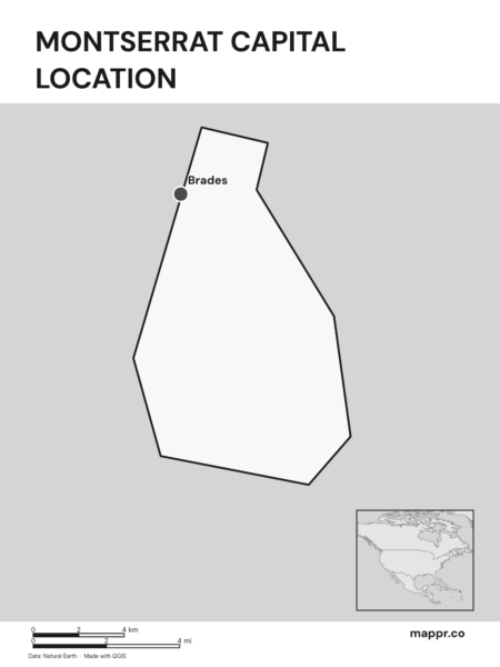 Detailed map pinpointing Brades, the capital of Montserrat (black and white).