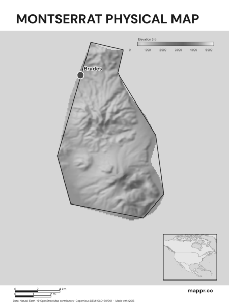Map featuring Brades, the capital of Montserrat, with rich topographical detail (black and white).