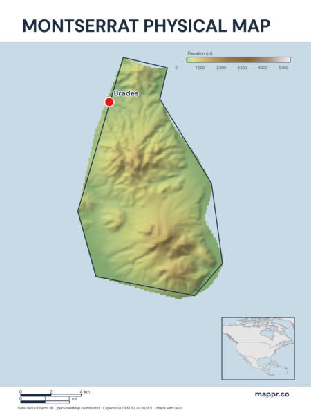 Map featuring Brades, the capital of Montserrat, with rich topographical detail.