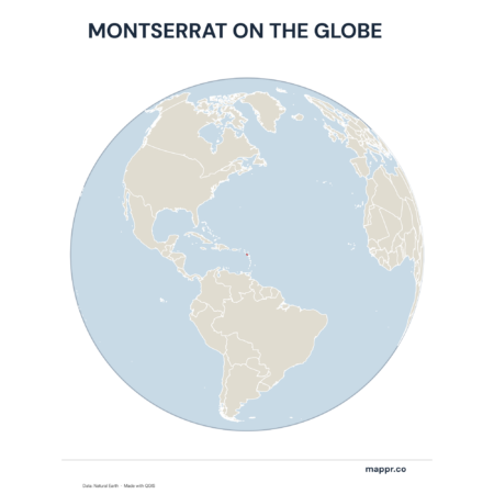 A map highlighting Montserrat's location on a globe, marked with a red outline.