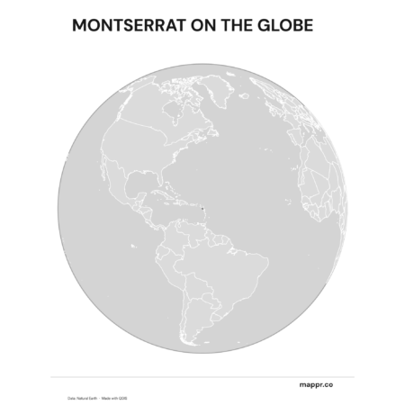 A map highlighting Montserrat's location on a globe, marked with a red outline (black and white).