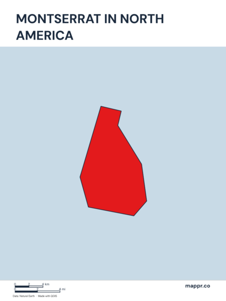A map highlighting Montserrat's location on the north american continent.