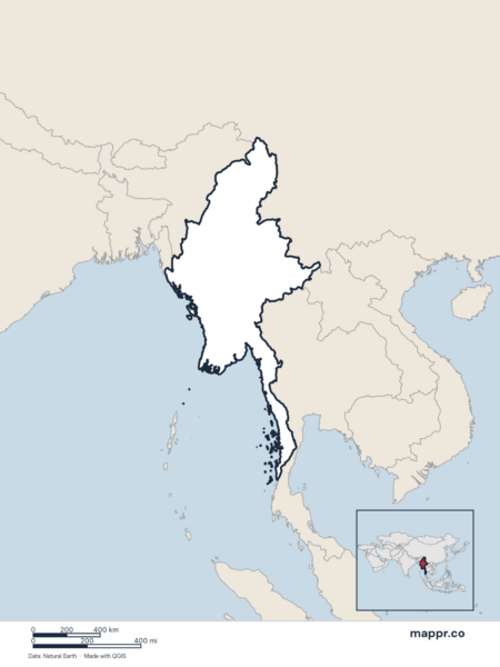 Blank political map of Myanmar showing its international borders without labels.