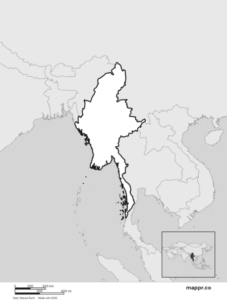 Blank political map of Myanmar showing its international borders without labels (black and white).