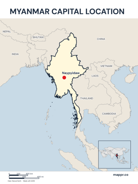 Detailed map pinpointing Naypyidaw, the capital of Myanmar.
