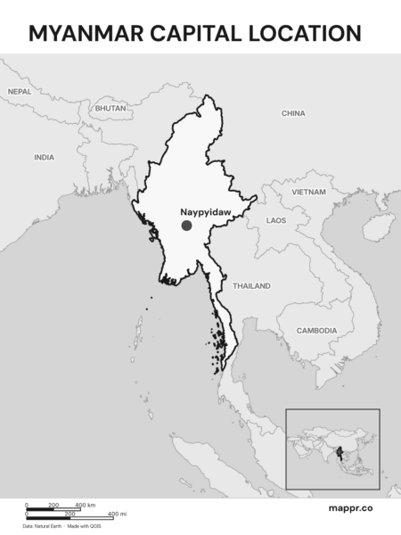 Detailed map pinpointing Naypyidaw, the capital of Myanmar (black and white).
