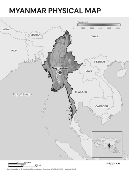 Map featuring Naypyidaw, the capital of Myanmar, with rich topographical detail (black and white).