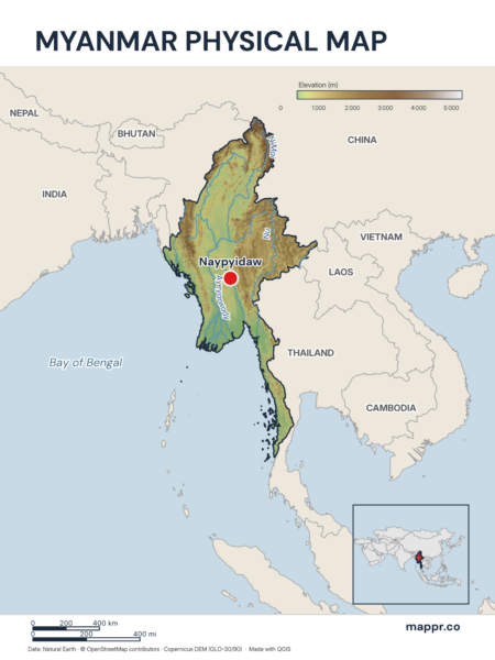 Map featuring Naypyidaw, the capital of Myanmar, with rich topographical detail.