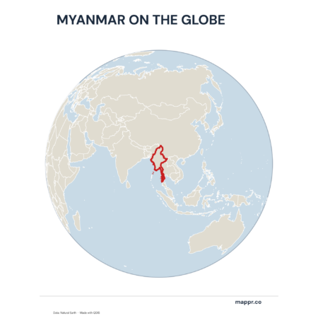 A map highlighting Myanmar's location on a globe, marked with a red outline.