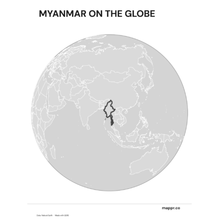A map highlighting Myanmar's location on a globe, marked with a red outline (black and white).