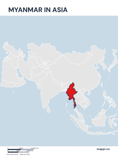 A map highlighting Myanmar's location on the asian continent.