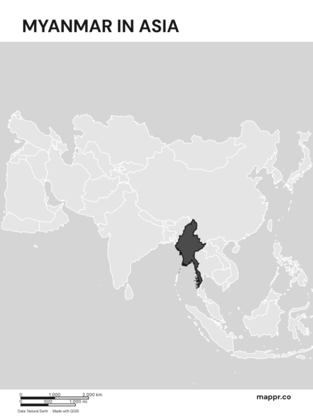 A map highlighting Myanmar's location on the asian continent (black and white).