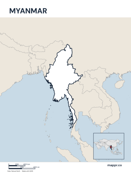 Outline map of Myanmar with detailed country borders.