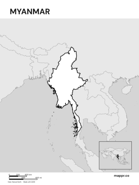 Outline map of Myanmar with detailed country borders (black and white).