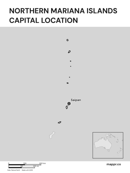 Detailed map pinpointing Saipan, the capital of Northern Mariana Islands (black and white).