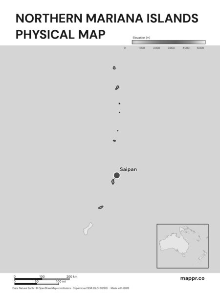 Map featuring Saipan, the capital of Northern Mariana Islands, with rich topographical detail (black and white).