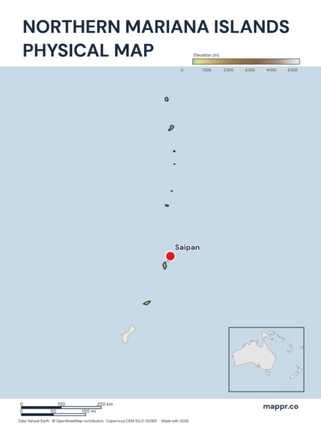 Map featuring Saipan, the capital of Northern Mariana Islands, with rich topographical detail.