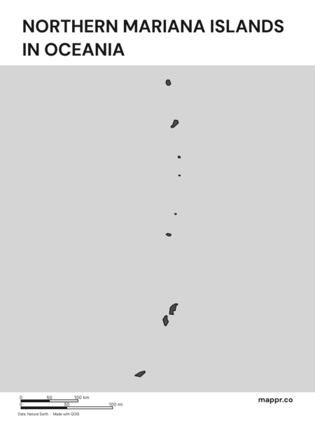 A map highlighting Northern Mariana Islands's location on the oceanian continent (black and white).