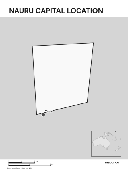 Detailed map pinpointing Yaren, the capital of Nauru (black and white).