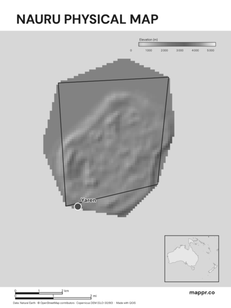 Map featuring Yaren, the capital of Nauru, with rich topographical detail (black and white).