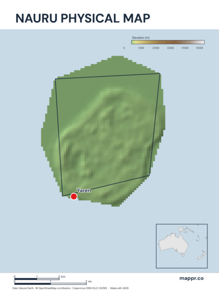 Map featuring Yaren, the capital of Nauru, with rich topographical detail.