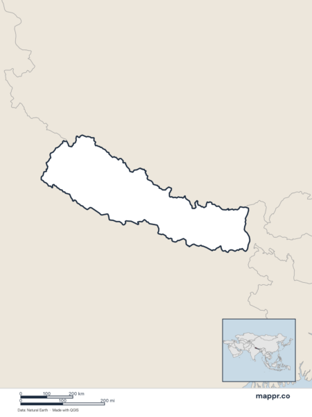 Blank political map of Nepal showing its international borders without labels.