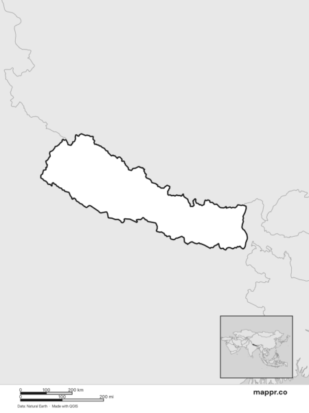 Blank political map of Nepal showing its international borders without labels (black and white).