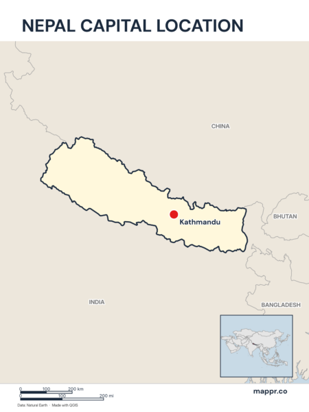 Detailed map pinpointing Kathmandu, the capital of Nepal.