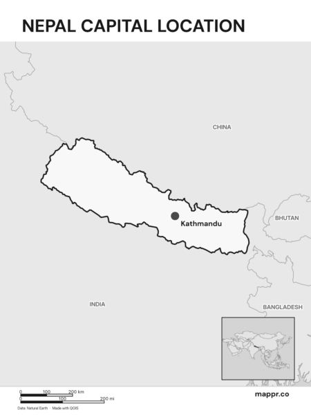 Detailed map pinpointing Kathmandu, the capital of Nepal (black and white).