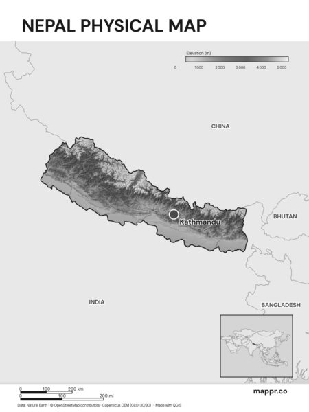 Map featuring Kathmandu, the capital of Nepal, with rich topographical detail (black and white).
