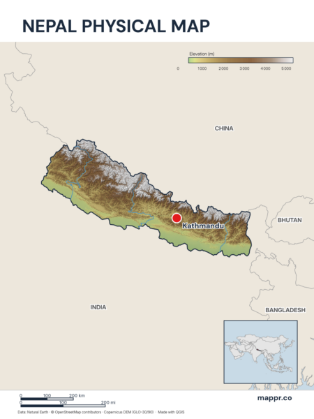 Map featuring Kathmandu, the capital of Nepal, with rich topographical detail.