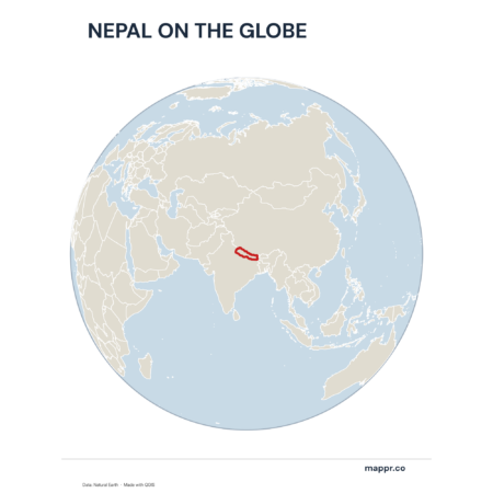 A map highlighting Nepal's location on a globe, marked with a red outline.