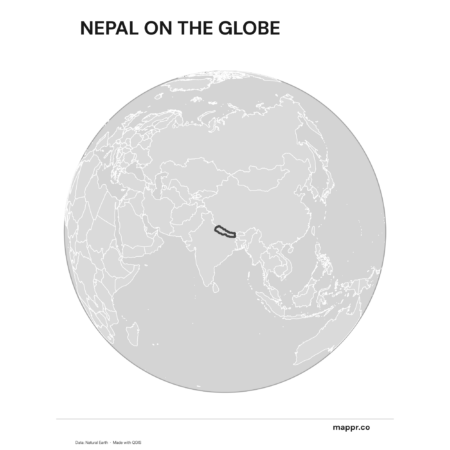 A map highlighting Nepal's location on a globe, marked with a red outline (black and white).