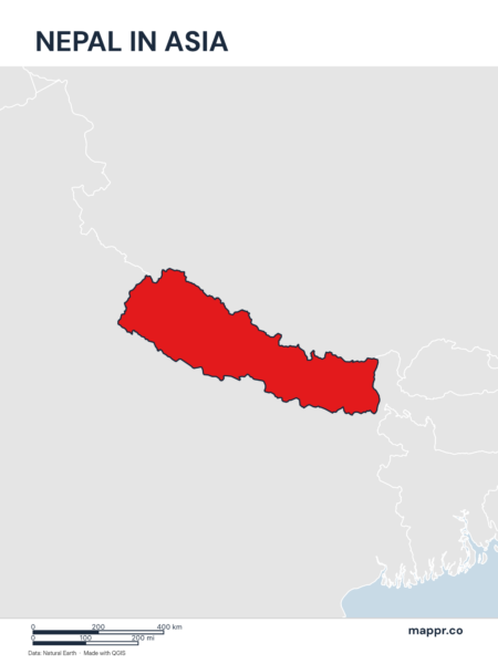 A map highlighting Nepal's location on the asian continent.