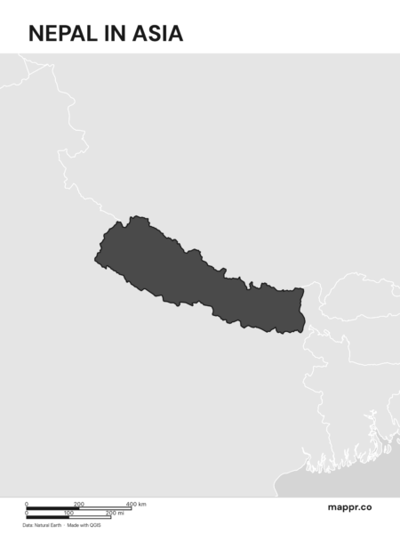 A map highlighting Nepal's location on the asian continent (black and white).