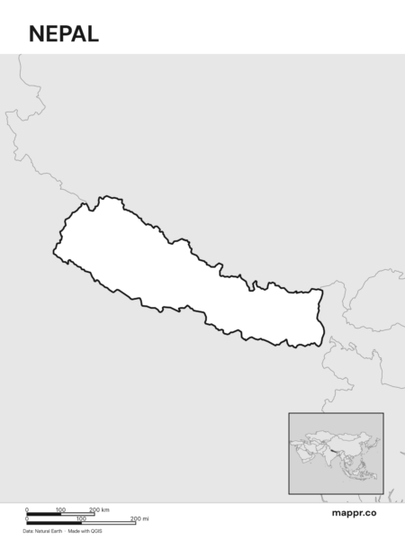 Outline map of Nepal with detailed country borders (black and white).