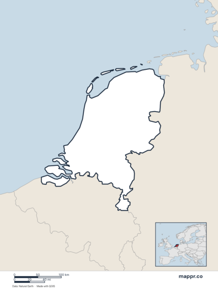 Blank political map of Netherlands showing its international borders without labels.