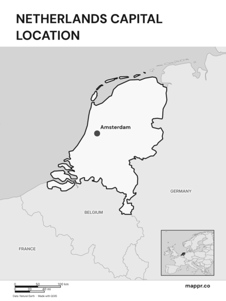 Detailed map pinpointing Amsterdam, the capital of Netherlands (black and white).